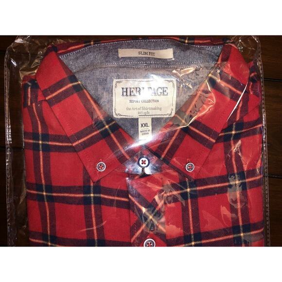 Report Collection Plaid Flannel Slim Fit Sport Shirt Color RED Size 2XL - Picture 8 of 13